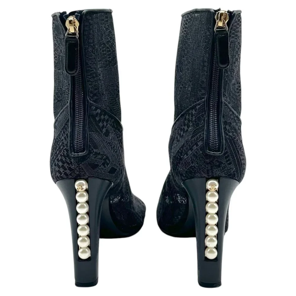 Chanel Sheer Black Lace & Pearl CC Heel Peep-Toe Heeled Booties